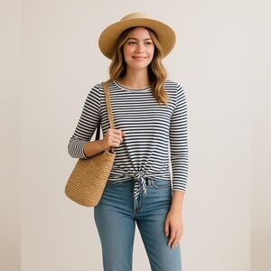 Madewell Navy & White Striped Tie-Front Long Sleeve Top
Size Small – Soft Tencel